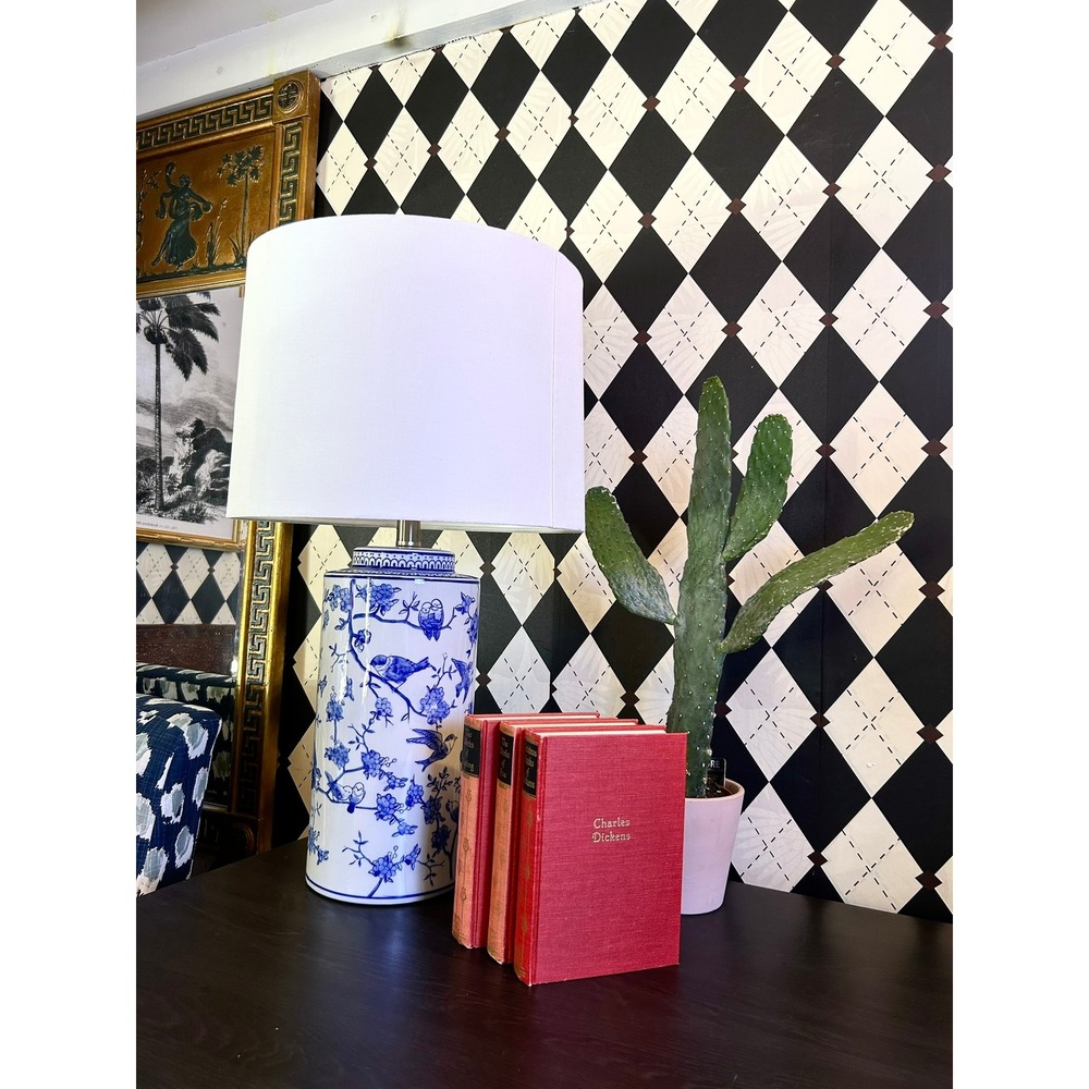 Tall Blue White Chinoiserie Table Lamp Ceramic Bird Floral Ginger Jar 25.5" - Picture 3 of 15